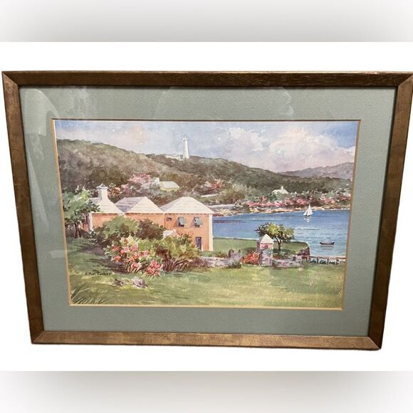 Ethel Tucker Vintage Bermuda Framed Lithograph Print of Waterlot Inn&Lighthouse - Picture 7 of 12